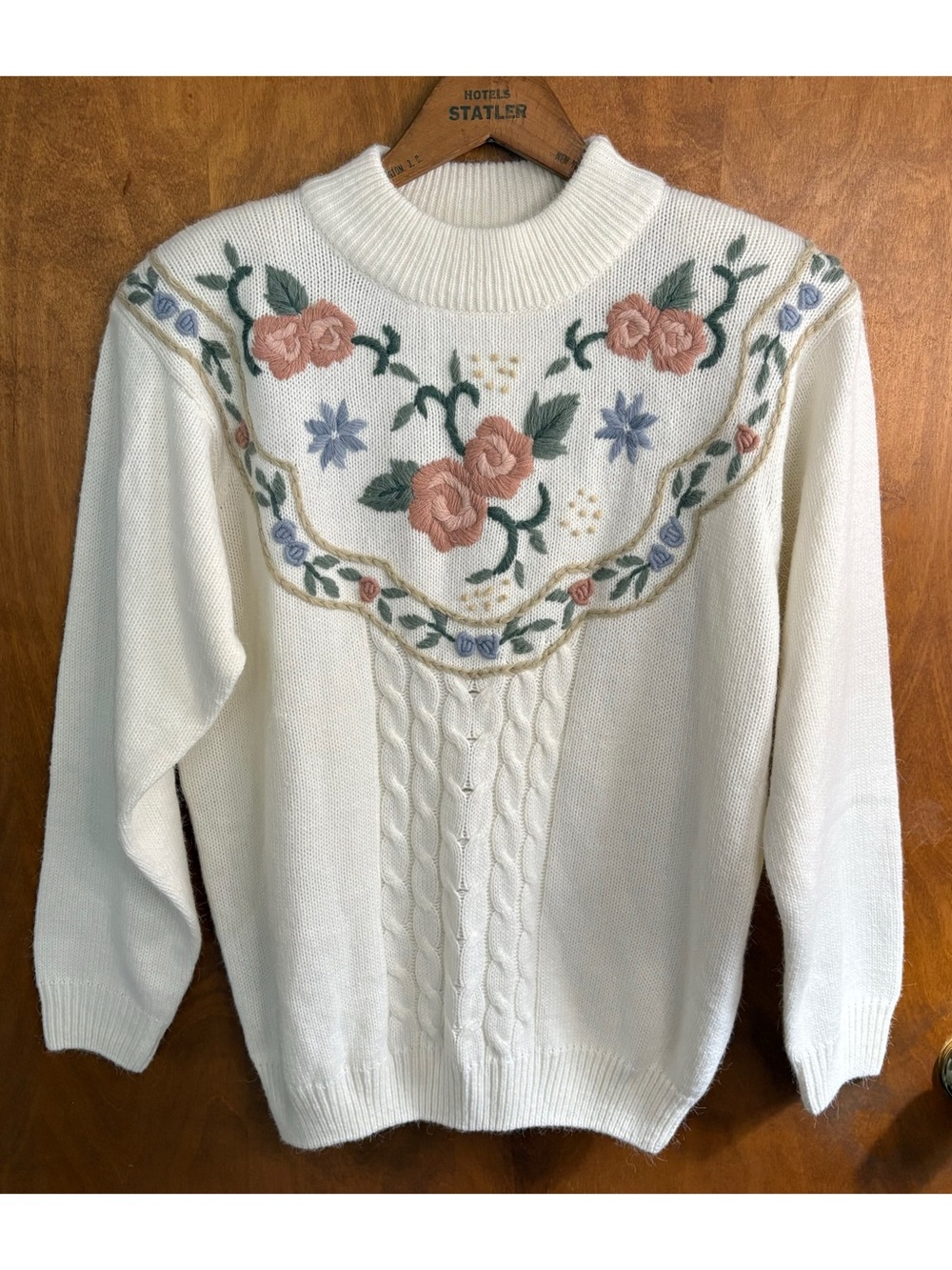 Vintage 90s Cream Floral Embroidered Mock Neck Cable Knit Sweater Coquette Fairy